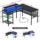 iSunirm 55 Inch Reversible L Shaped Computer Desk with Ergonomic Monitor Stand, Smart LED Lights & Power Outlet, Black iSunirm