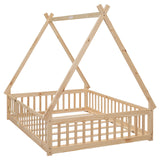 Mirightone Full Size Montessori Tent Floor Bed with Slats and Guardrails in Natural Wood Mirightone