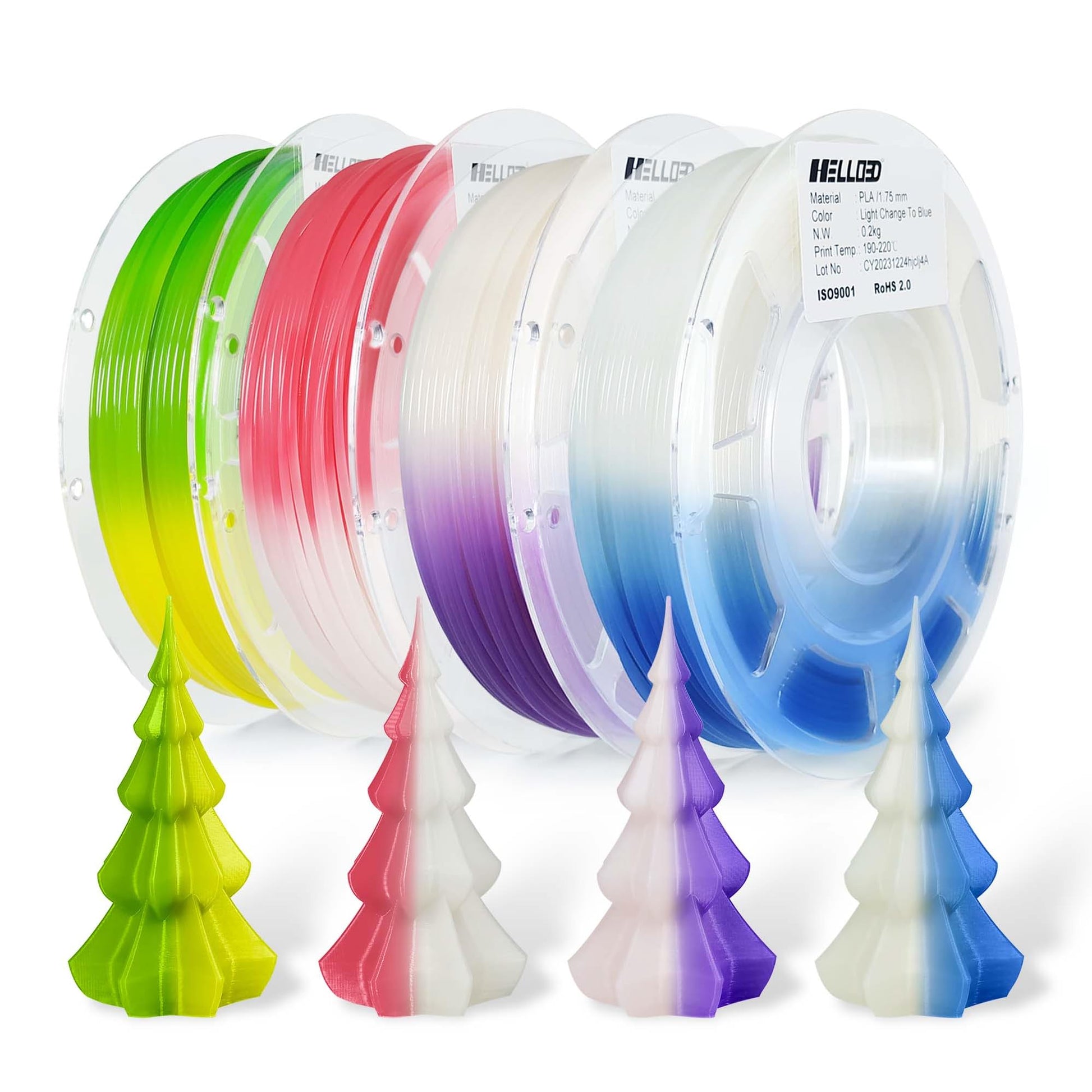 HELLO3D 3D Printer Filament Bundle,Green to Yellow/Red to White Color Change with Temperature Filament Set,UV or Sunlight Color Change to Blue/Purple PLA Filament 1.75mm,200g X 4 Spools Packs - WoodArtSupply