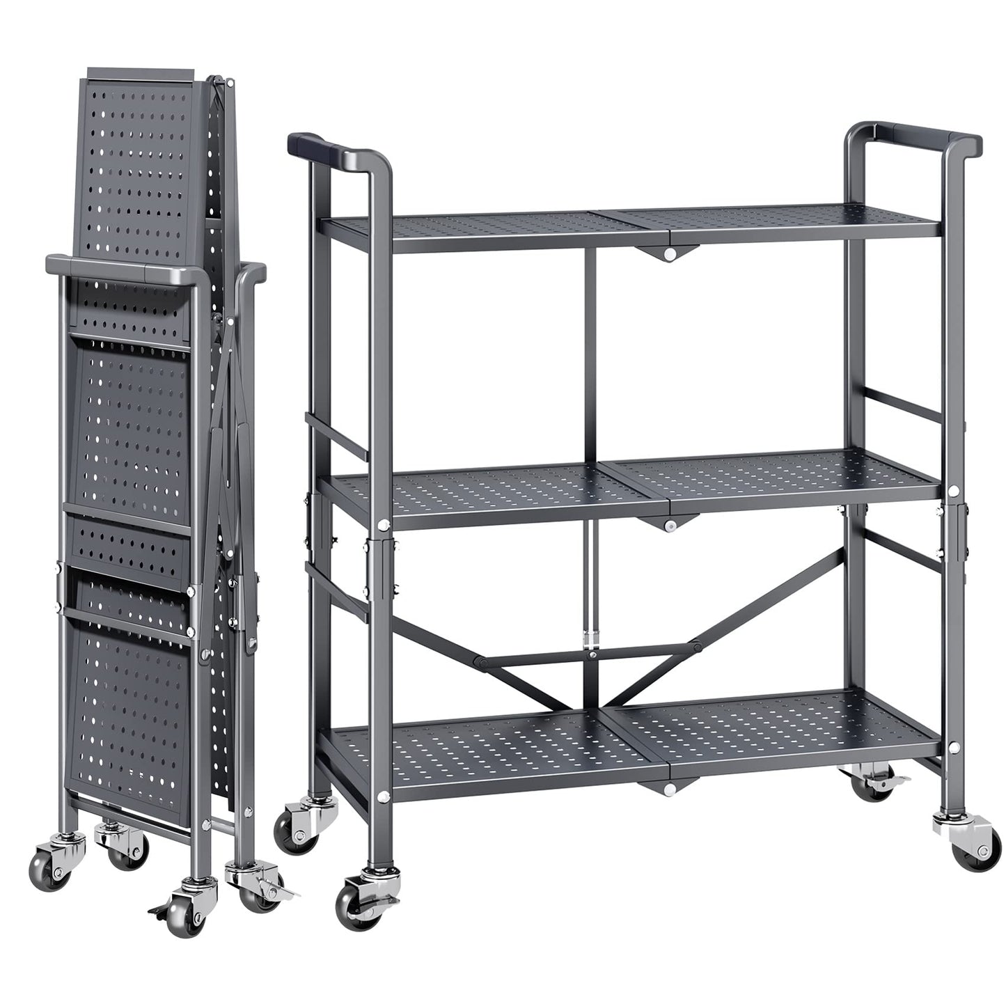 3 Tier Rolling Utility Foldable Cart - Metal Folding Cart with Wheels, Collapsible Service Cart Storage Shelf Rack for Kitchen Office Garage Plant Outdoor cart, Gray