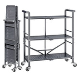 3 Tier Rolling Utility Foldable Cart - Metal Folding Cart with Wheels, Collapsible Service Cart Storage Shelf Rack for Kitchen Office Garage Plant Outdoor cart, Gray SAYZH