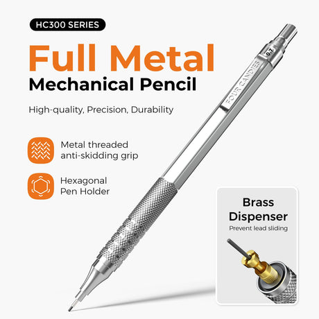 Four Candies 4PCS Metal Mechanical Pencils Set with Case, 0.5mm & 0.7 mm Artist Pencil with 8 Tubes (480PCS) HB Lead Refills, 3 Erasers,9 Eraser Refills For Writing Drafting, Drawing, Black&Silver Four Candies