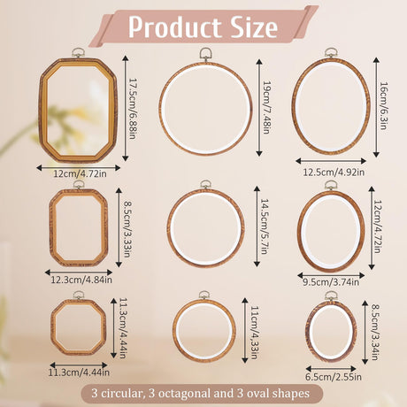 9Pcs Embroidery Hoop Frame Imitated Wood Decorative Embroidery Hoop Circle Oval Octagonal Cross Stitch Hoops for Display Sewing Craft Hanging Ornament(Various Sizes) Josojoou