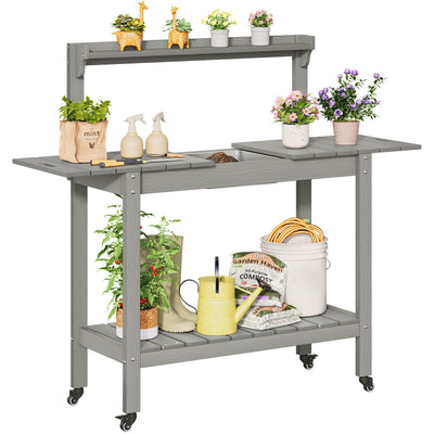 HDPS Outdoor Potting Bench with Sliding Tabletop/ 4 Wheels/Removable Sink, All-Weather Outside Garden Work Table, No Rust/Fade/Break, Potting Station for Porch, Patio & Backyard (Grey)