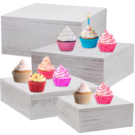 Roowest Set of 4 Wood Display Risers Rustic Cupcake Stand Rustic Wood Cake Stands Wooden Stackable Display Box for Dessert Wedding Birthday Christmas Village Party Decoration(Vintage White) Roowest