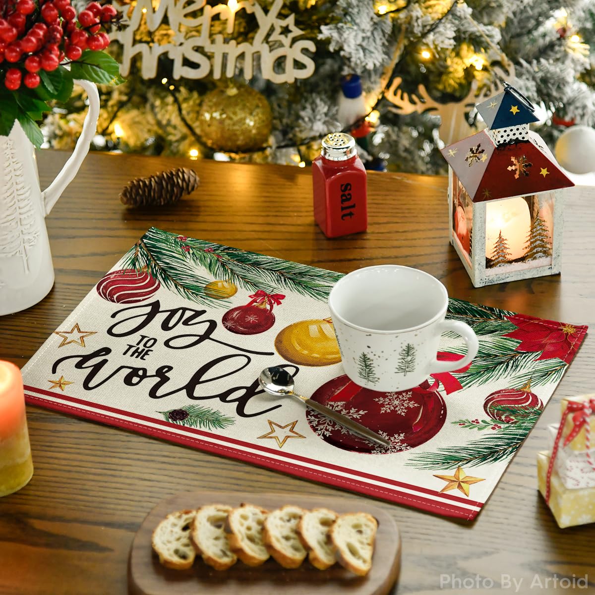Artoid Mode Joy to The World Xmas Red Balls Christmas Placemats Set of 4, 12x18 Inch Seasonal Winter Pine Cone Table Mats for Party Kitchen Dining Decoration Artoid Mode