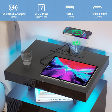 HOMMPA LED Nightstand with Wireless Charging Station & USB Ports, 3 Drawer Night Stand with LED Light RGB Adjustable Brightness, Smart Nightstand High Gloss Bedside Table for Bedroom Black HOMMPA
