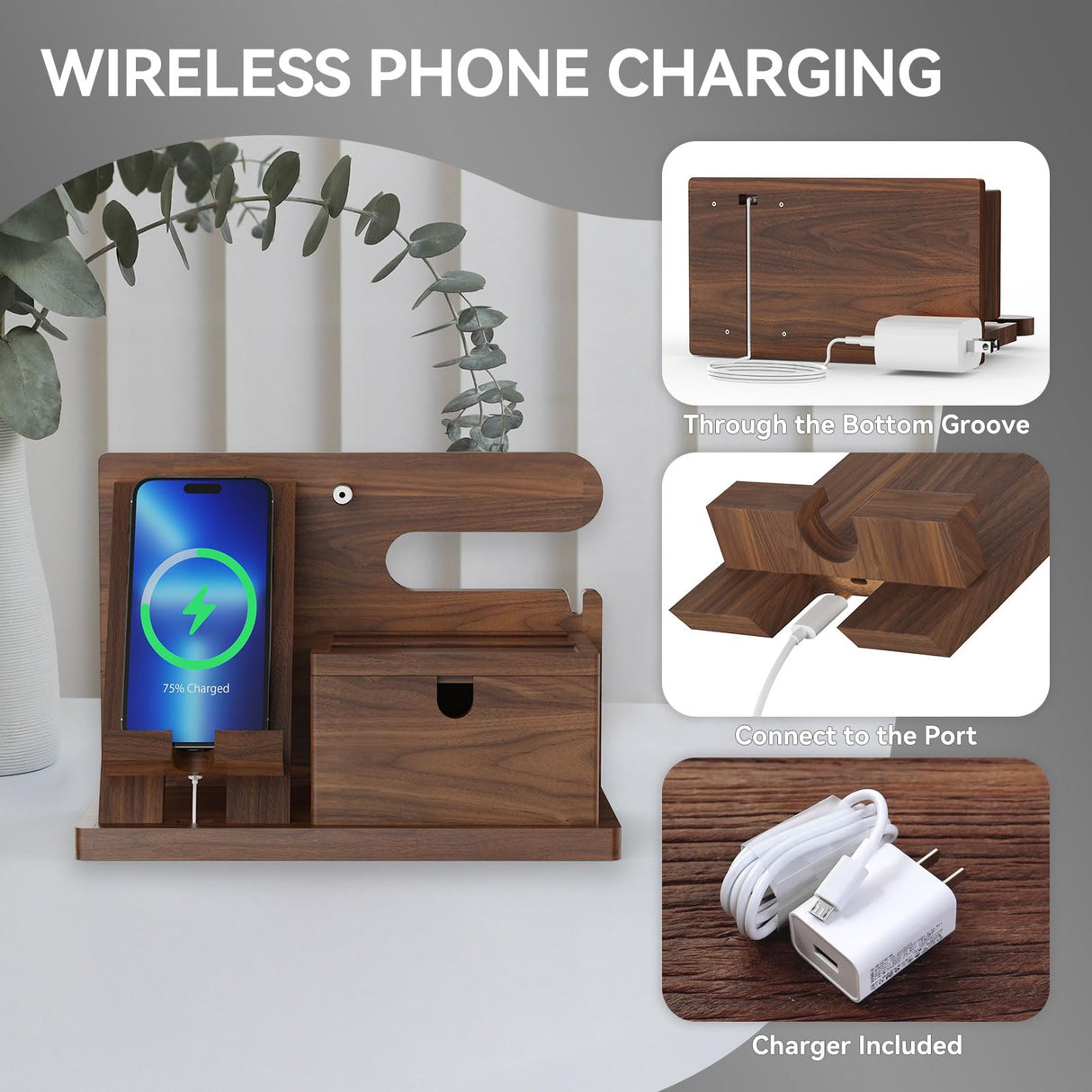 Walnut Wood Phone Docking Station with Wireless Charging, Nightstand Organizer for Men & Women, Compatible with iPhone/Samsung/Apple Watch/AirPods, Gifts for Dad, Husband, Anniversary, Birthday ACTESE