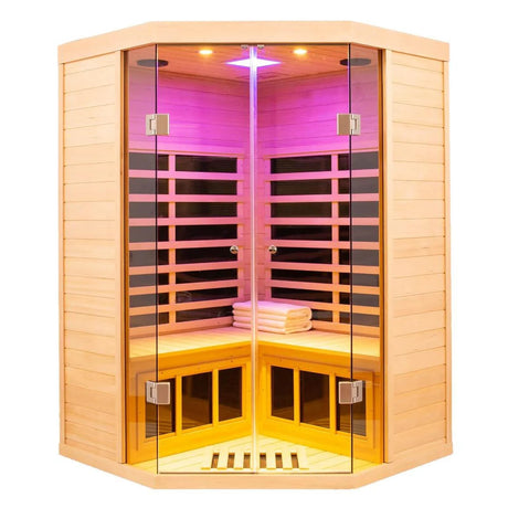 2-3 Person Ultra Low EMF(0-5mG) Far Infrared Sauna, 1520w Hemlock Indoor Sauna Room with APP Control, LCD Panel Control, Constant Temperature Cover, Chromotherapy Lamp, Reading Lamp, Bluetooth Speaker KUNSANA