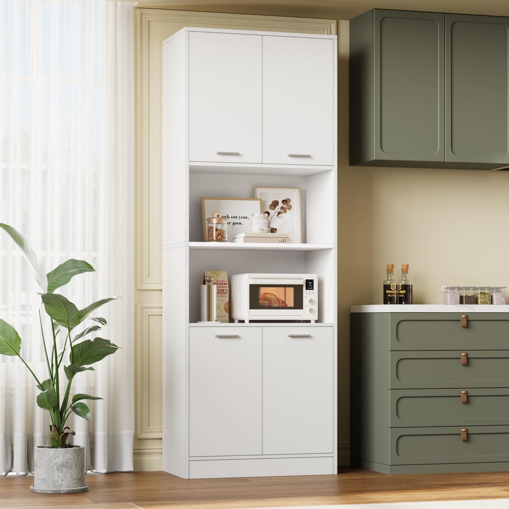 FOTOSOK Kitchen Pantry Cabinet, 71" Tall Cupboard Pantry Cabinet with Doors and Adjustable Shelves, Freestanding Utility Storage Cabinet with Open Countertop, Pantry Cabinets for Kitchen, Din - WoodArtSupply