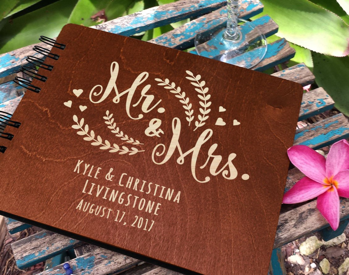 Personalized Wedding Guest Book Mr Mrs Wooden Rustic Vintage Bridal Black Mahogany Oak or Cocoa Unique Wood Hardcover Finish Options Weddings-by-StockingFactory