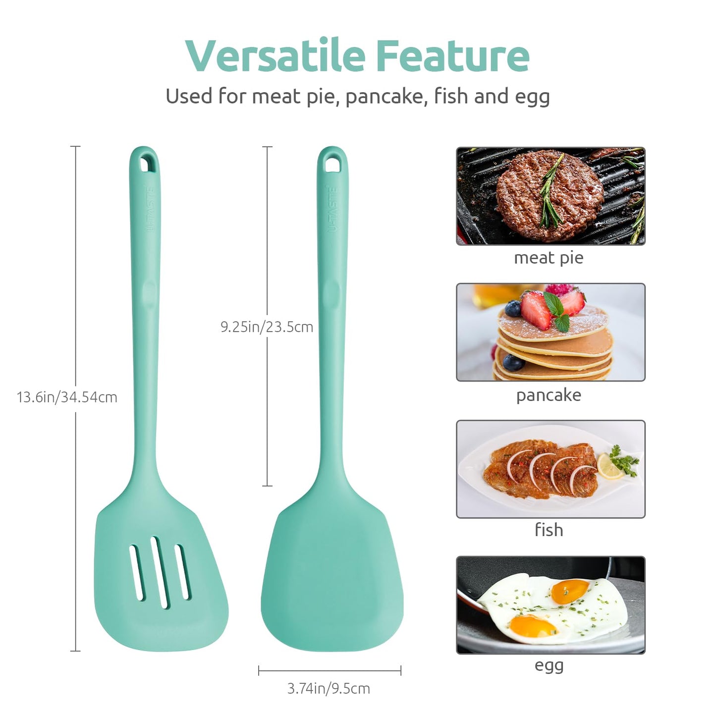 600ºF Heat Resistant Silicone Turners: U-Taste 13.6in Long Solid & Slotted Kitchen Spatula Flipper, Wide and Large Flexible Cooking Utensil for Flipping Egg, Pancake, Cookie (Aqua Sky, 2PCS)