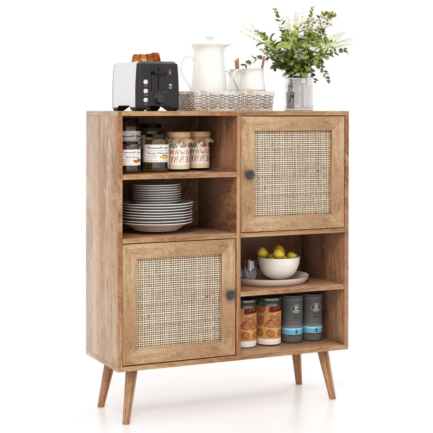 Giantex Buffet Cabinet, Wood Sideboard Storage Cabinet, 2 Rattan Doors & 2 Cubes, Farmhouse Coffee Bar Accent Cabinet, Freestanding Cupboard Organizer for Living Room Kitchen Hallway - WoodArtSupply