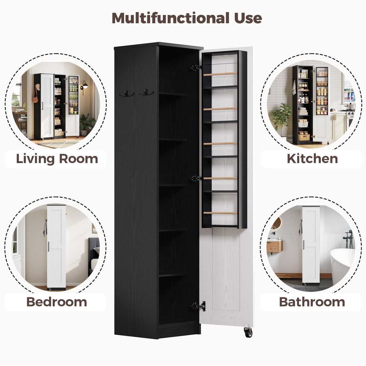 IRONCK Small Kitchen Pantry Cabinet 72" for Small Space, with Single Door and Adjustable Shelves, Freestanding Storage Cabinet for Living Room, Bathroom, Black and White IRONCK