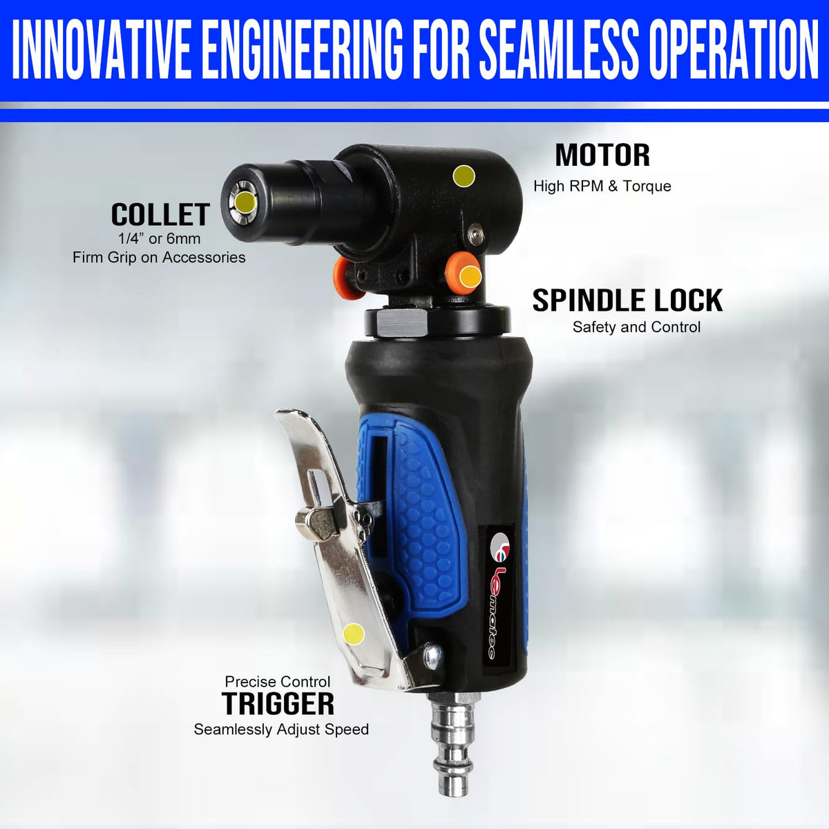 Air Grinder with Spindle Lock - 1/4" High Speed 18,000 RPM, Front Exhaust, Pneumatic Die Grinder for Automotive Detailing, Grinding, Deburring, and Polishing (LE-G1343L) Power Grinders LE LEMATEC