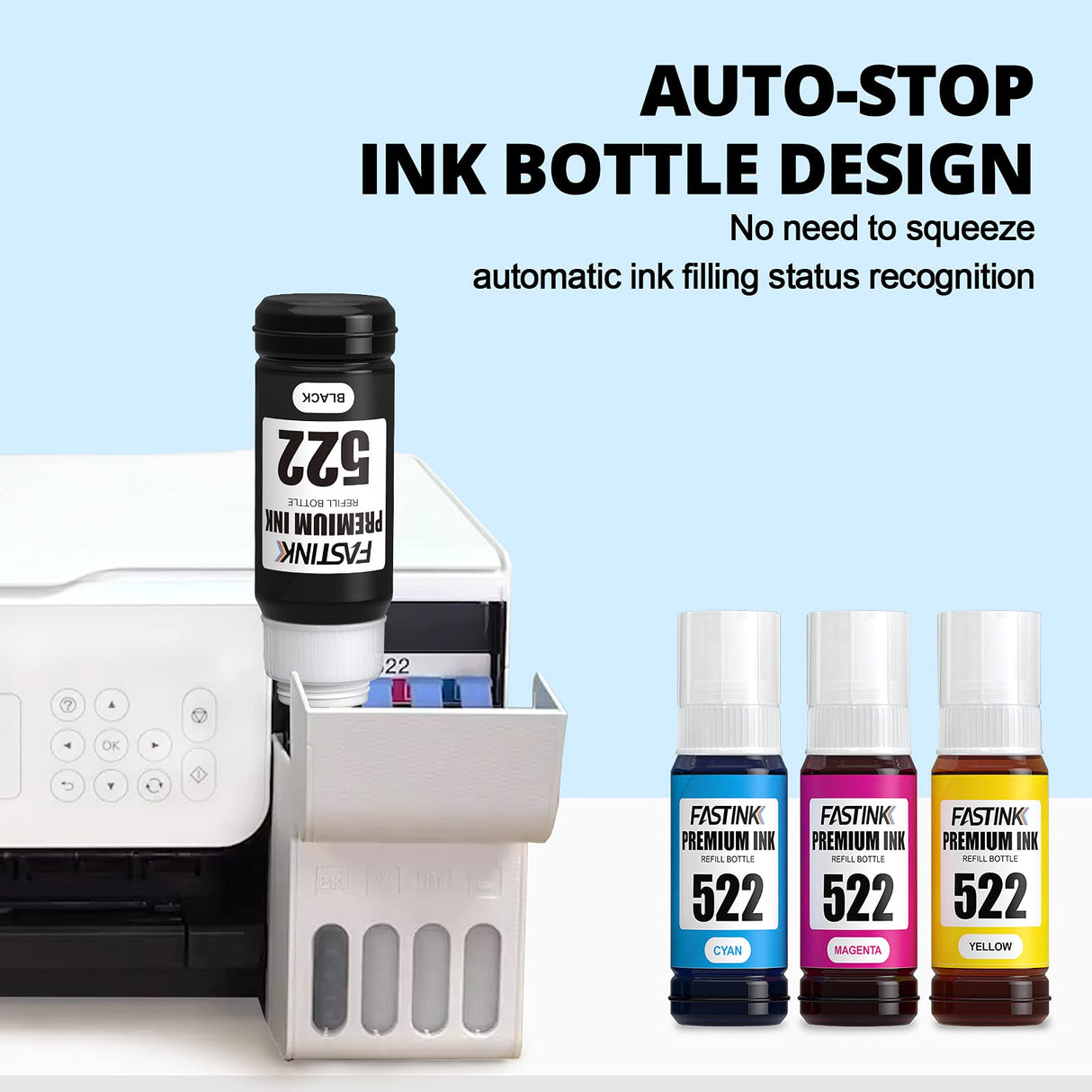 FASTINK 522 Black Ink Bottles High Yield Replacement for Epson 522 Ink Bottles Black Work with Epson ET-2800,ET-2720,ET-2803,ET-4800,ET-4700,ET-2400,ET-2840,ET-4810 Printer,522 Ink Refill Bottles FASTINK