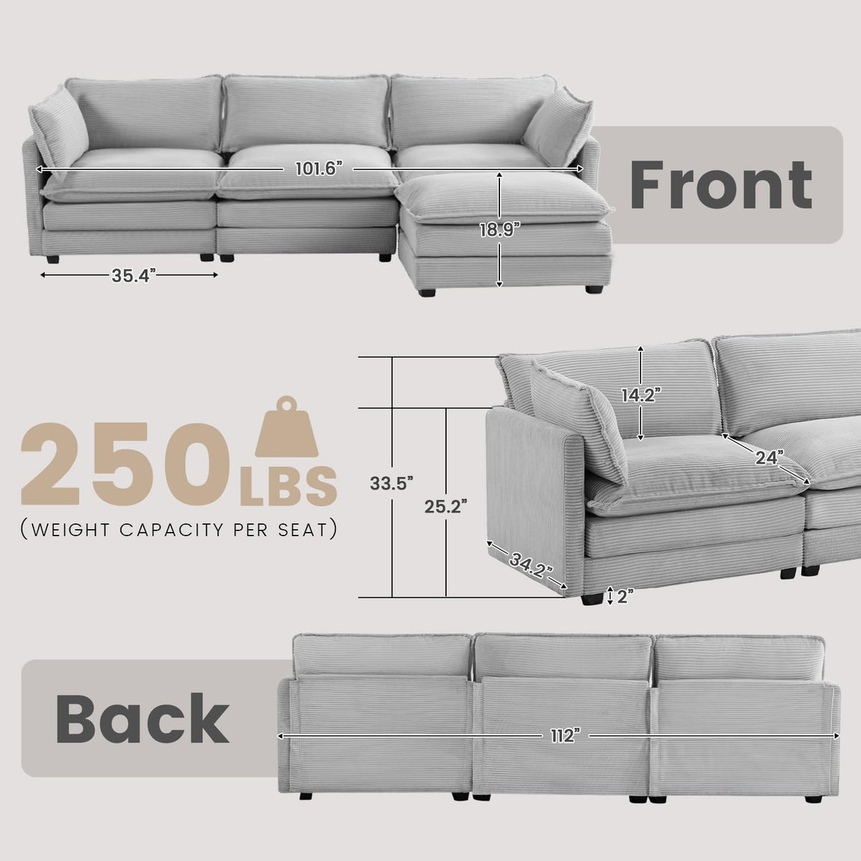 ROWHY Oversized Modular Sectional Sofa with Movable Ottoman, 112 Inch 4 Seat Modern Corduroy Sofa Set, Convertible L Shaped Couch for Living Room and Office, Light Grey ROWHY