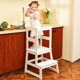Kids Kitchen Step Stool for Kids with Safety Rail,Solid Wood Construction Toddler Learning Stool, Montessori Toddlers Kitchen Stool Tower (White) Wiifo