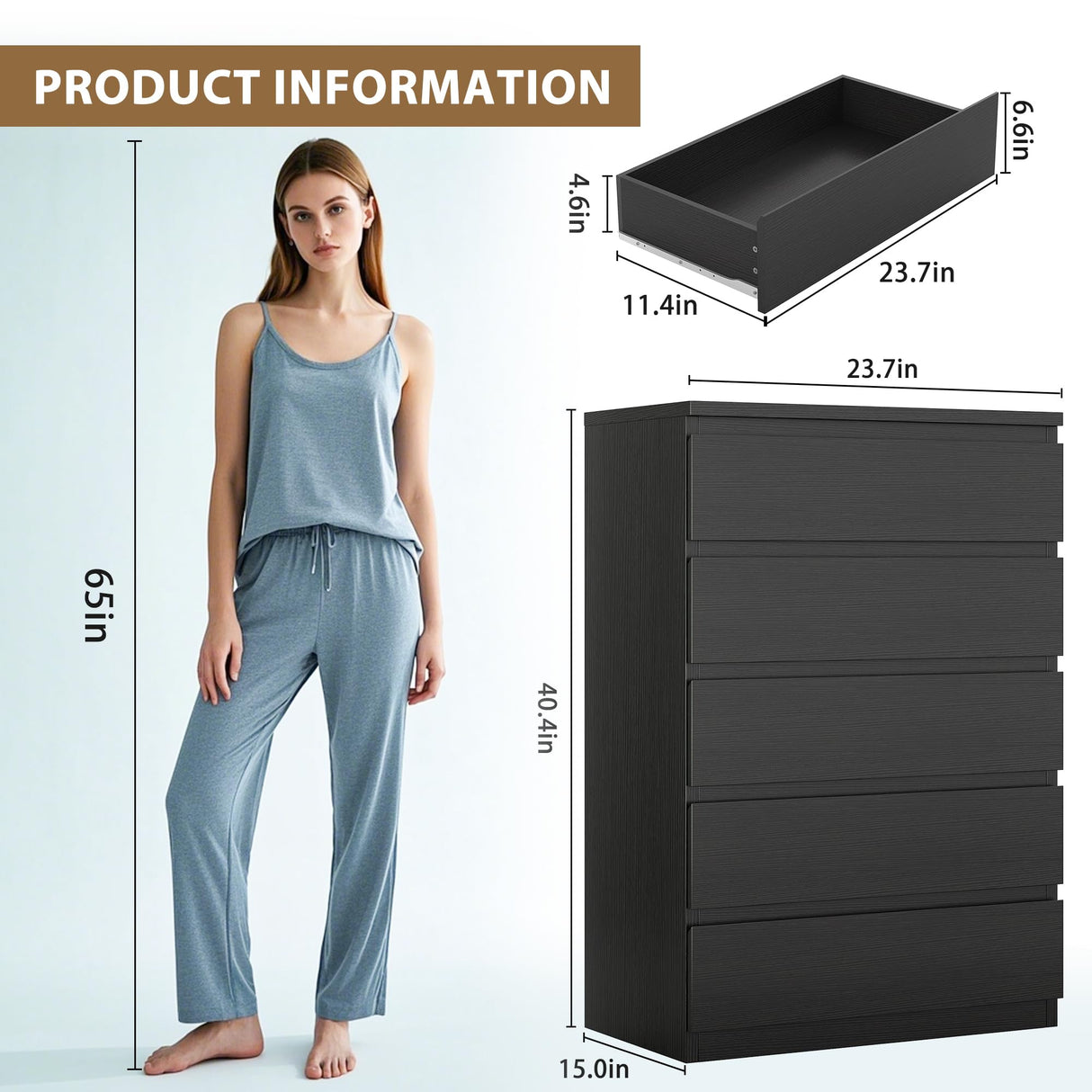 Jocoevol Black 5 Drawer Dresser for Bedroom, 15" D x 23.7" W x 40.4" H in Simply Chest of Drawers, Wood Storage Dresser with Drawers for Living Room Hallway Entryway, Black Jocoevol