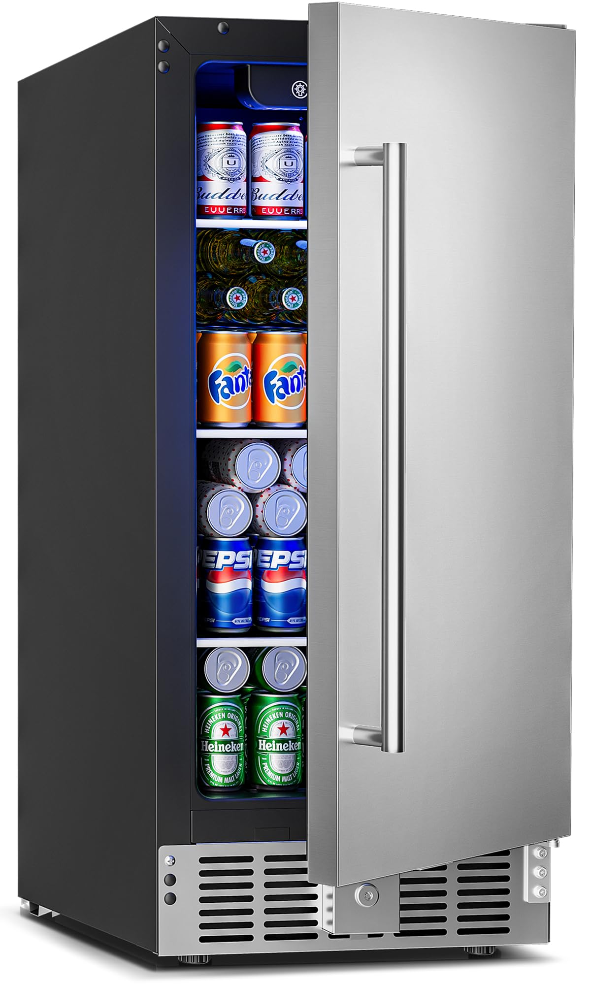 Feelfunn 15 Inch Undercounter Beverage Refrigerator - 126 Cans Beverage Fridge with Stainless Steel Door for Beer Wine Soda - Built-in or Freestanding Wine Cooler for Home Kitchen Bar Outdoor