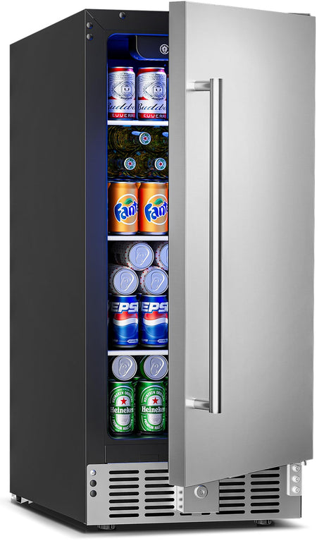 Feelfunn 15 Inch Undercounter Beverage Refrigerator - 126 Cans Beverage Fridge with Stainless Steel Door for Beer Wine Soda - Built-in or Freestanding Wine Cooler for Home Kitchen Bar Outdoor Feelfunn