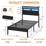 Furnulem Twin Bed Frames with Charging Station and LED Lights, Wood Headboard with 2 Fabric Drawers and Storage Shelves, Twin Size Platform Bed with Metal Slats, No Box Spring Needed, Black Oak Furnulem