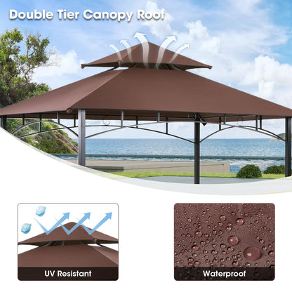 Grill Gazebo 8'×5' Barbeque Gazebo Canopy Tent Shelter with 2 Tier Hardtop BBQ Canopy for Outdoor Patio Backyard Deck, （Brown