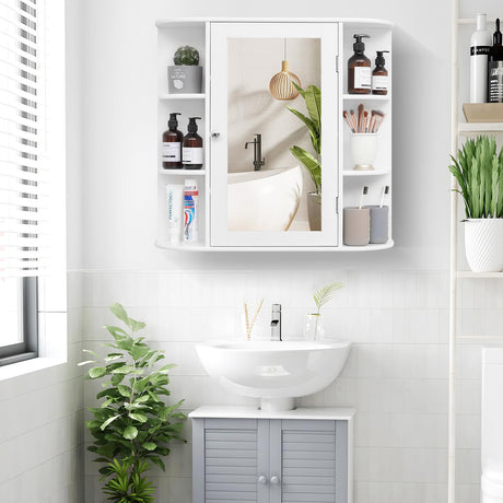 Iwell Bathroom Medicine Cabinet with Mirror, Bathroom Wall Cabinet with 2 Adjustable Shelves & 6 Open Shelves, Medicine Cabinet Organizer, Bathroom Cabinet Wall Mounted, White Iwell