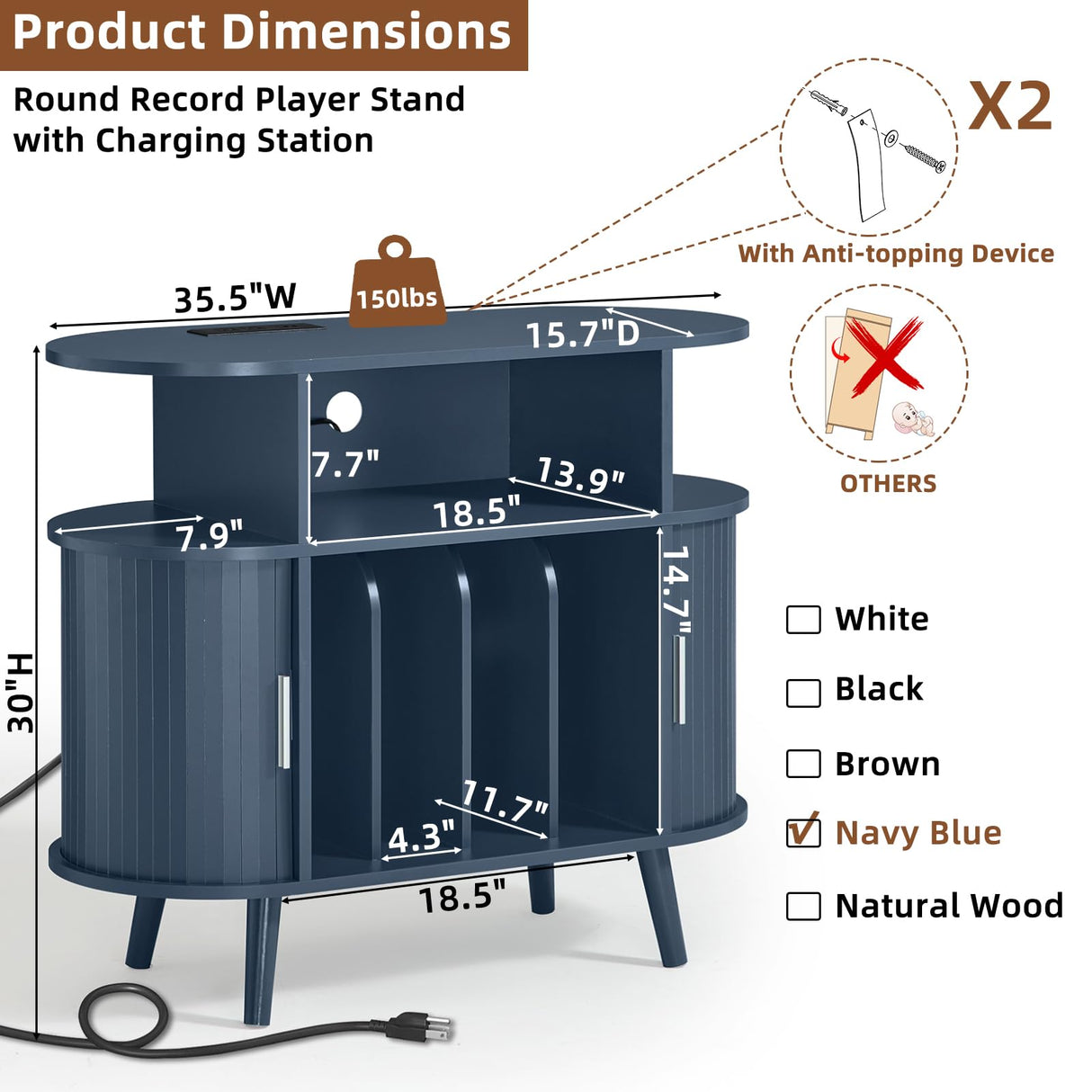LELELINKY Large Round Record Player Stand with Charging Station & Fluted Display Shelf, Blue Mid Century Modern Turntable Cabinet with Vinyl Storage, Arched Wood Record Player Table for Living Room LELELINKY