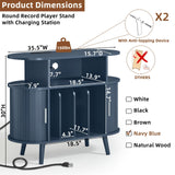 LELELINKY Large Round Record Player Stand with Charging Station & Fluted Display Shelf, Blue Mid Century Modern Turntable Cabinet with Vinyl Storage, Arched Wood Record Player Table for Living Room LELELINKY