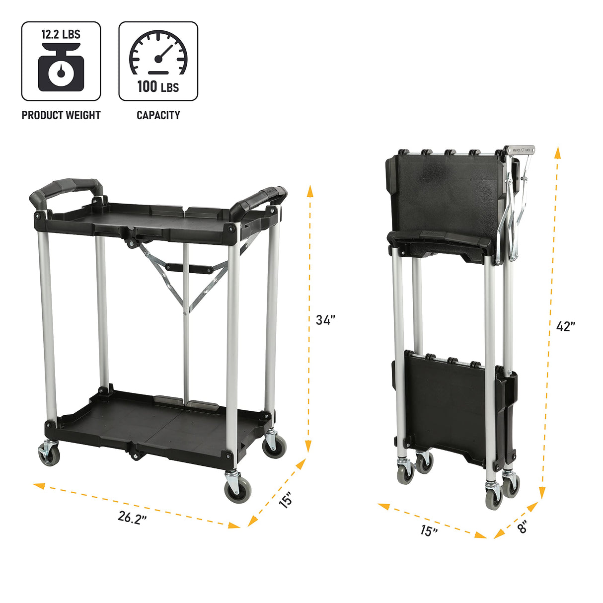 Olympia Tools 89-356 Pack-N-Roll Folding Collapsible Service Cart, Black, 50 Lb. Load Capacity per Shelf, 2-Layers Olympia Tools