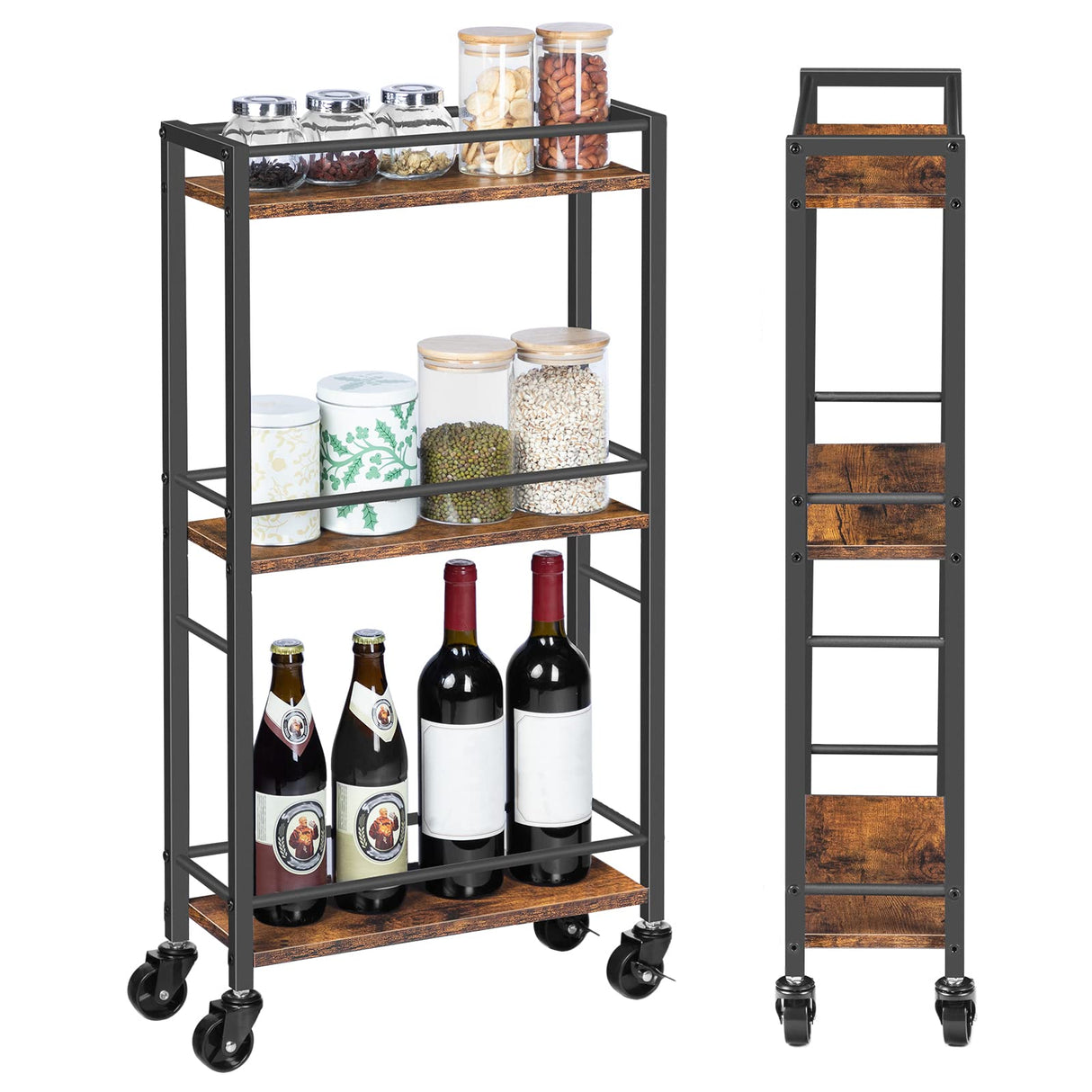 MAHANCRIS Slim Rolling Cart, Mobile Kitchen Cart on Wheels, Narrow Storage Cart for Small Space, Wooden Service Cart, for Bathroom, Laundry, Living Room, Rustic Brown RCHR1501Z MAHANCRIS