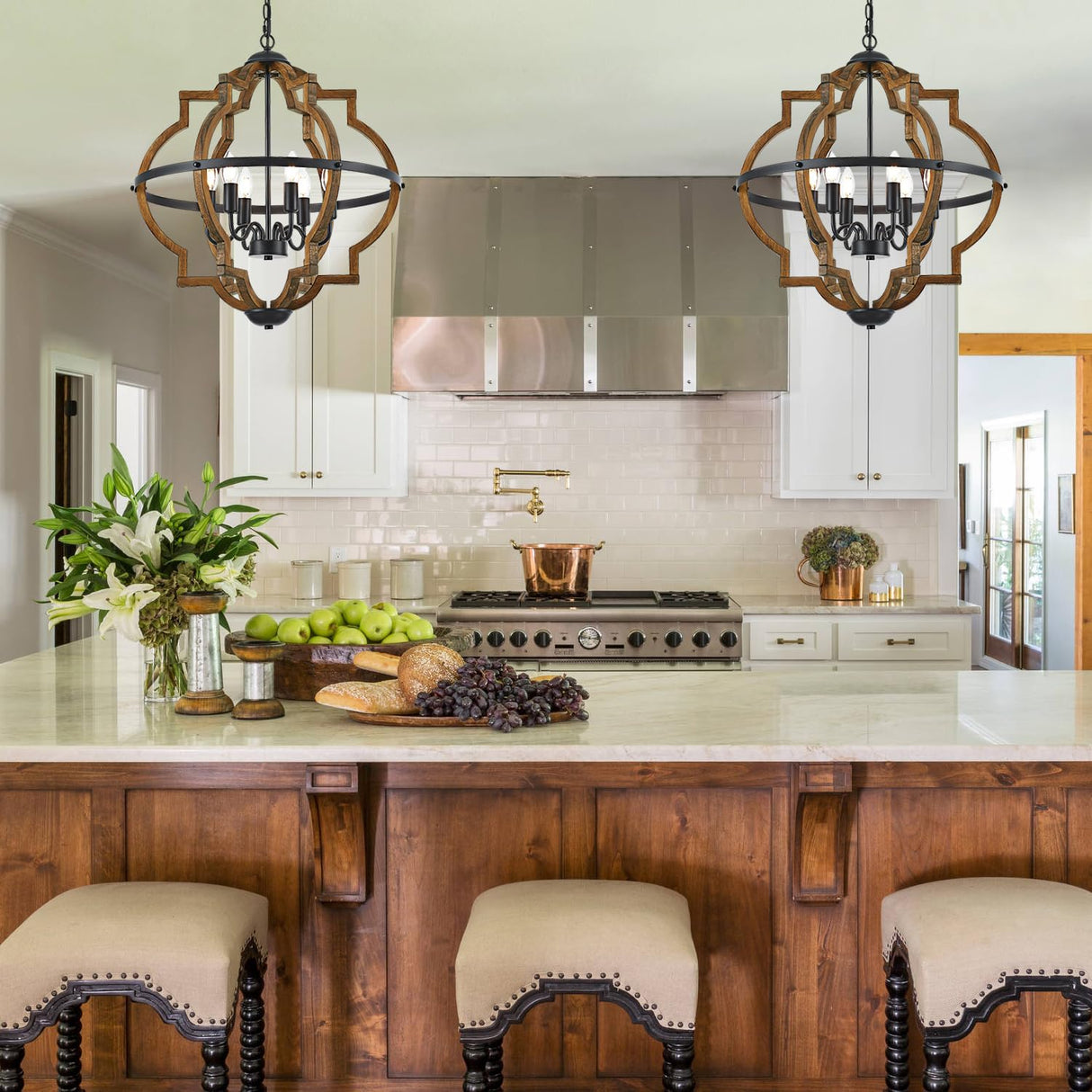 Faibra 6-Light Farmhouse Wood Pendant Light,22.83'' Vintage Rustic Brown Oak Wood Chandeliers,Retro Industrial Hanging Light Fixtures for Dining Room Entryway, Bedroom Faibra