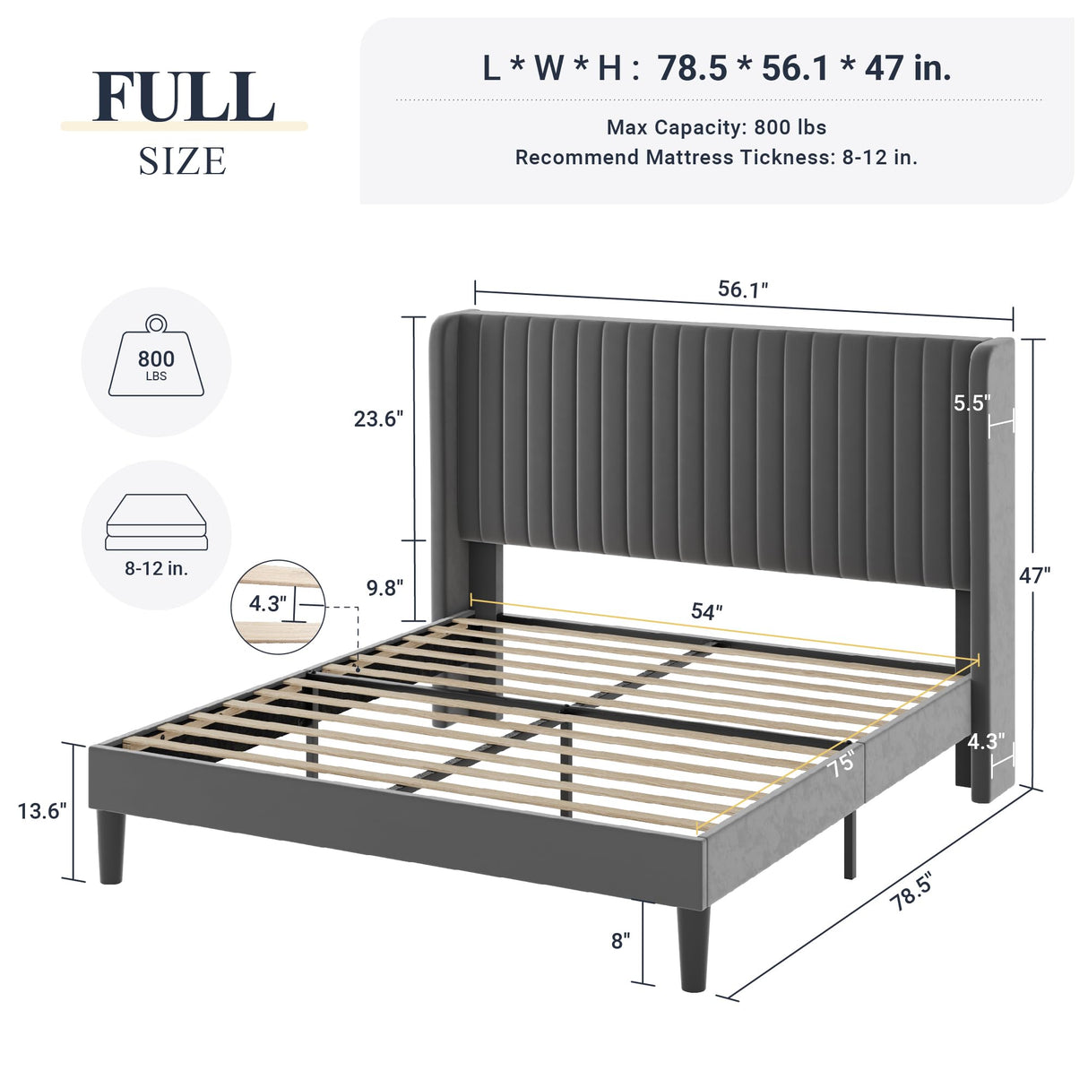 Allewie Full Size Velvet Bed Frame/Vertical Channel Tufted Wingback Headboard/Upholstered Platform Bed/Strong Wooden Slats/No Box Spring Needed/Easy Assembly/Grey Allewie