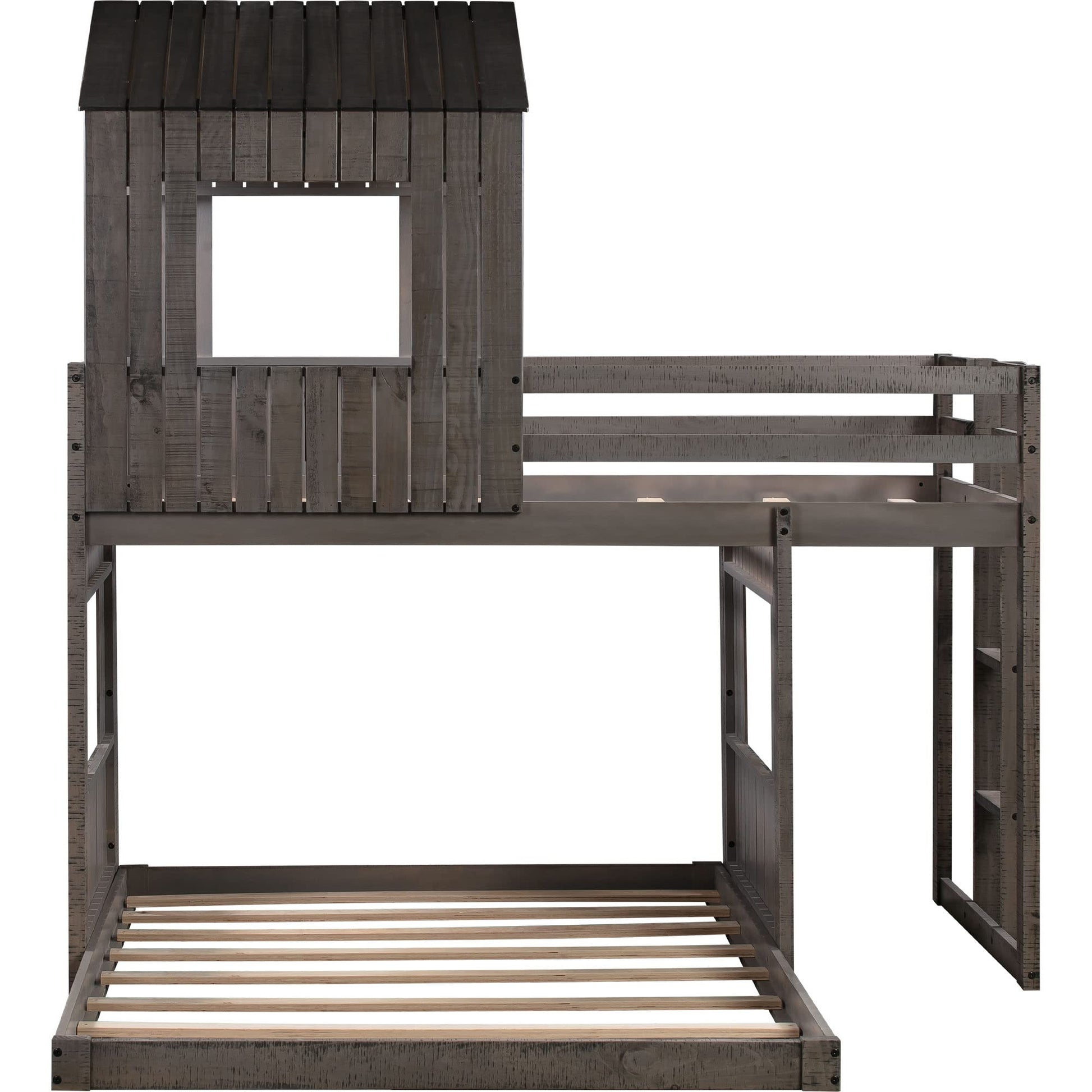 Okak House Antique Grey Twin Over Full Bunk Bed with Ladder and Safety Guardrails - WoodArtSupply