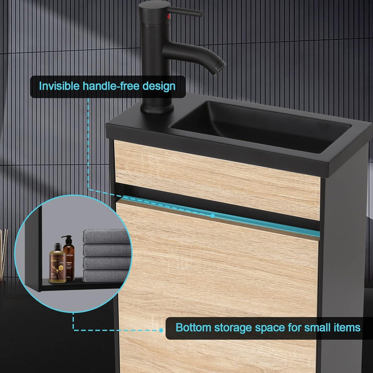 UEV 16" Small Bathroom Vanity Wall Mounted,Black and Natural Mixed Small Bathroom Vanity with Ceramic Sink,Bathroom Vanity and Sink Set with Frosted Black Faucet P-Trap (BN B10-New) UEV