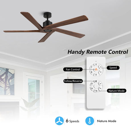 WINGBO 54 Inch DC Ceiling Fan without Lights, 5 Reversible Carved Solid Wood Blades, 6-Speed Noiseless DC Motor, Ceiling Fan No Light with Remote, Matte Black Finish with Walnut Blades, ETL Listed WINGBO
