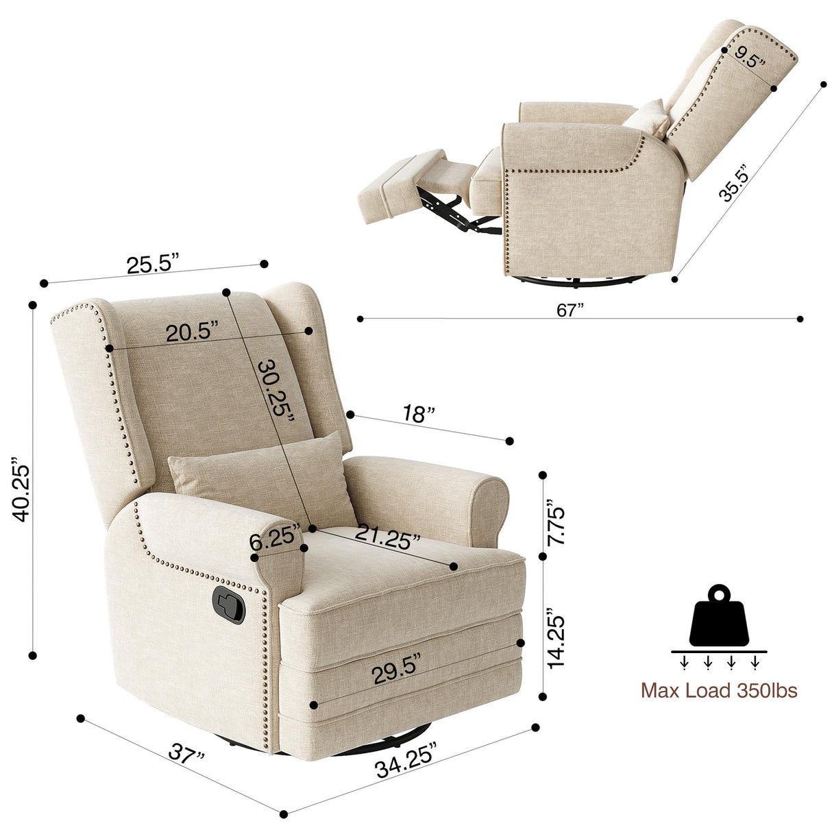 RoyalCraft Swivel Recliner Chair with Extra Large Footrest, Comfy Upholstered Glider Rocking Chair for Living Room, Bedroom and Ofice, Beige RoyalCraft