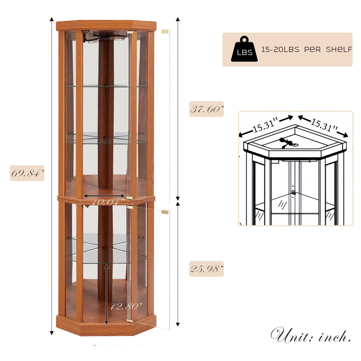 KavlSean 70" H Lighted Glass Display Cabinet, Corner Curio Cabinet with 5 Shelves and Tempered Glass Door, Light Bulb Included, Rack for Living Room (Dark Oak) KavlSean