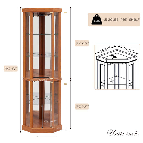 CKEASEAN Corner Curio Cabinet, 70" H Lighted Glass Display Cage with Tempered Glass Doors and 5 Adjustable Shelves, Light Bulb Inclued, Wine Bar China Cabinet for Living Room (Dark Oak) CKEASEAN