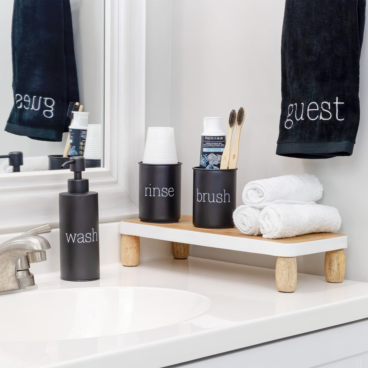 AuldHome Farmhouse Wooden Risers (Set of 2, Rectangular); Rustic Decorative Pedestal Stands for Display w/ Natural Mango Wood and Enamel Trim AuldHome Design