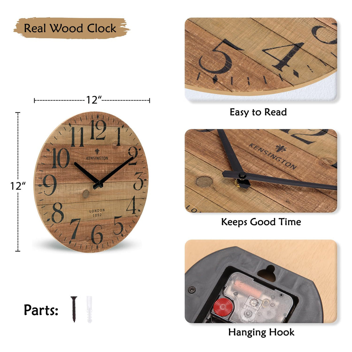 NIKKY HOME Rustic Farmhouse Wood Wall Clock - 12 Inch Battery Operated Silent Non Ticking Distressed Wooden Shiplap Clock for Kitchen, Living Room, Bedroom, Bathroom NIKKY HOME