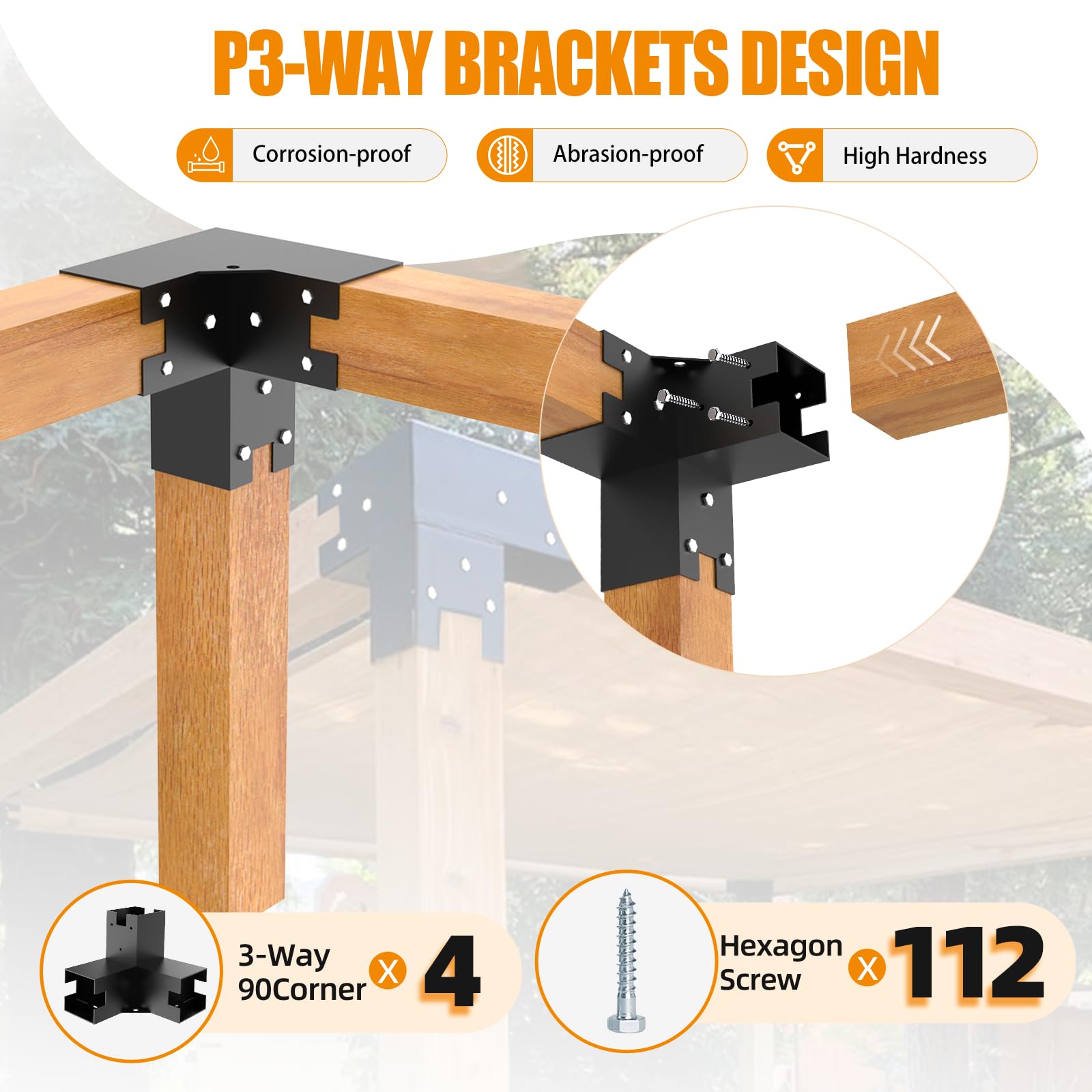 Woodworks Pergola pergola Brackets 12 Gauge Heavy Duty Steel 3-Way Right Angle Corner Bracket DIY Elevated Wood Stand 4PACK with Screws for 4x4 (Actual: 3.5x3.5 Inch) Lumber Pergola Gazebo - WoodArtSupply