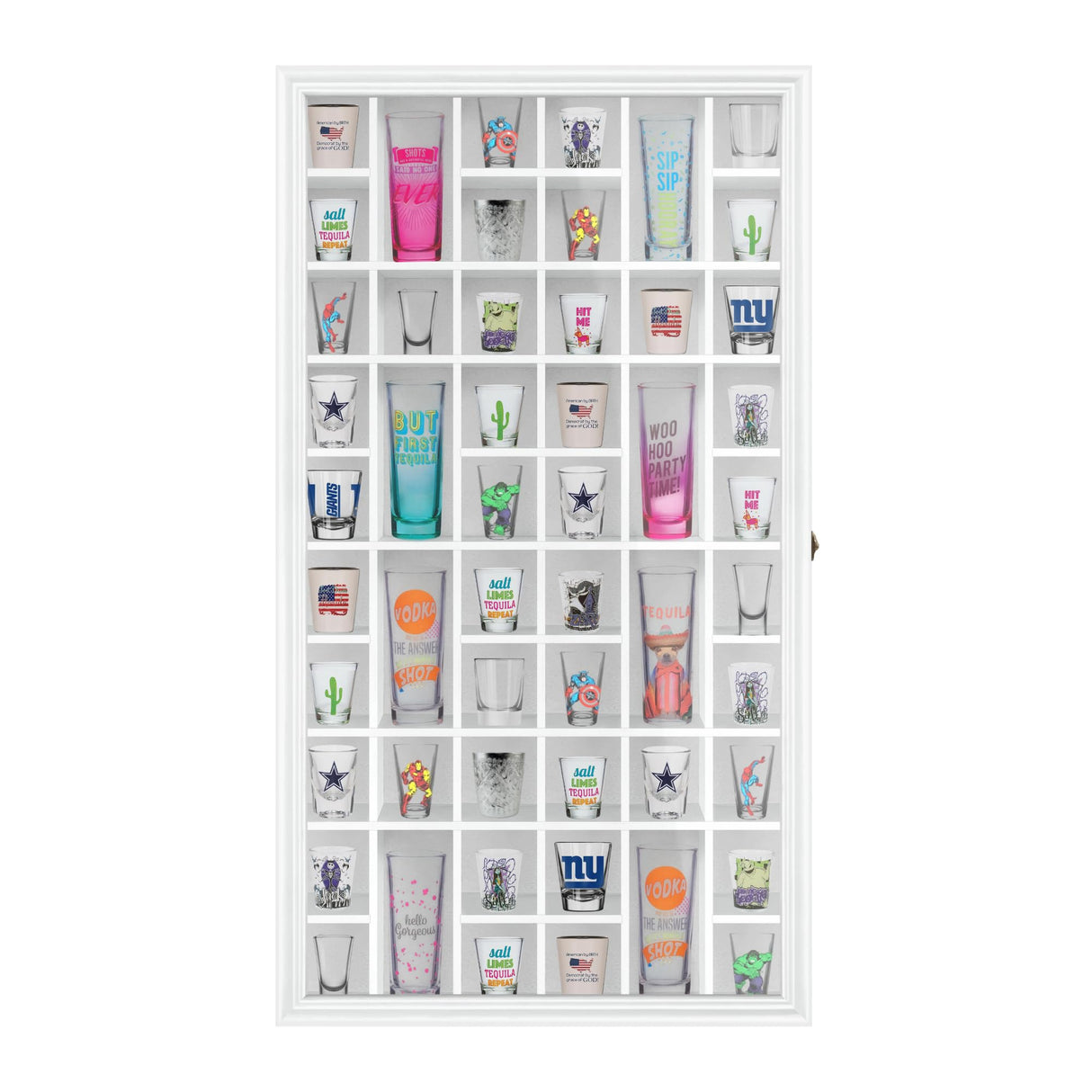 ILOT Shot Glass Display Cabinet Solid Wood - Large Display Case for Collectibles | Man Cave Accessories | UV Protection Acrylic Door | Wall Mounted ILOT