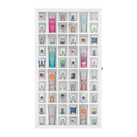 ILOT Shot Glass Display Cabinet Solid Wood - Large Display Case for Collectibles | Man Cave Accessories | UV Protection Acrylic Door | Wall Mounted ILOT
