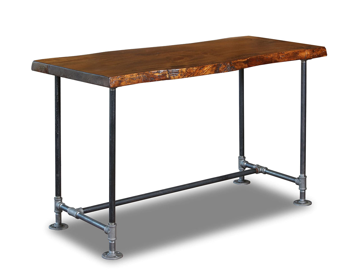 Southern Rustic Logwerks Industrial Pipe Desk Live Edge Top Vintage Table (Honey Pine) — Rustic Live Edge Slab Desk with Steampunk Pipe Legs Southern Rustic Logwerks