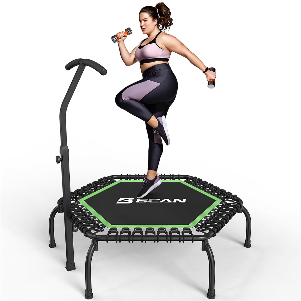 BCAN 48" Mini Trampoline, 550 LBS Fitness Trampoline with T-Adjustable Handle Bar, Bungees, Stable & Quiet Exercise Rebounder for Adults Indoor/Garden Workout-Green BCAN