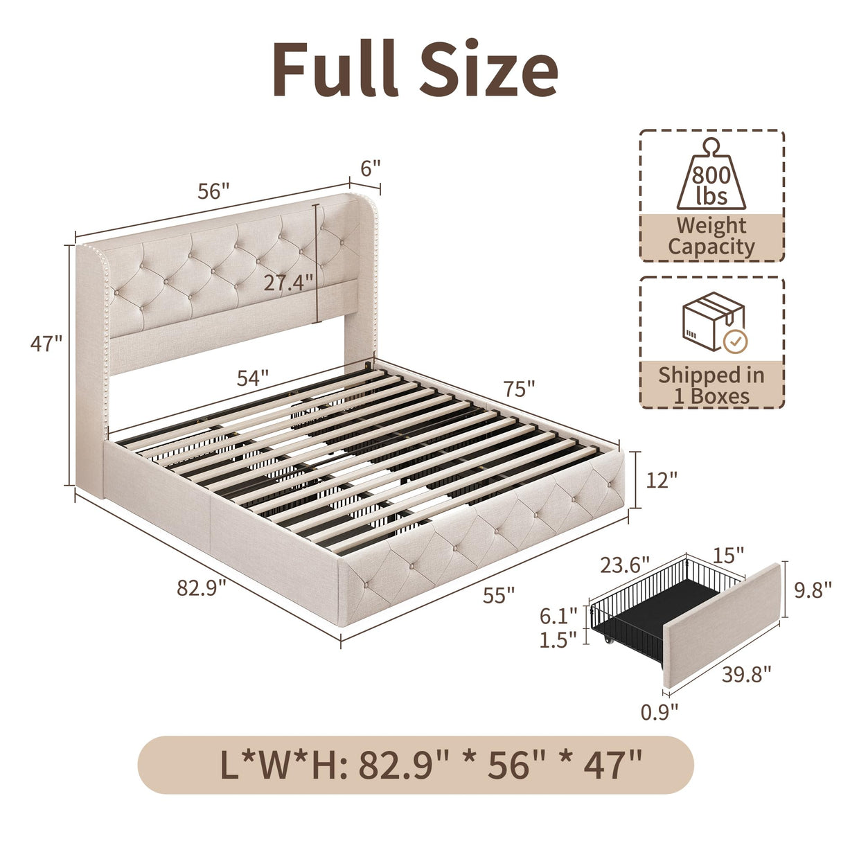 BRELTAM Full Size Bed Frame with Storage Drawers and Wingback Headboard Linen Upholstered Platform Bed Frame Tufted Beds with Heavy Duty Wood Slats, Noise Free, Easy Assembly, Beige BRELTAM