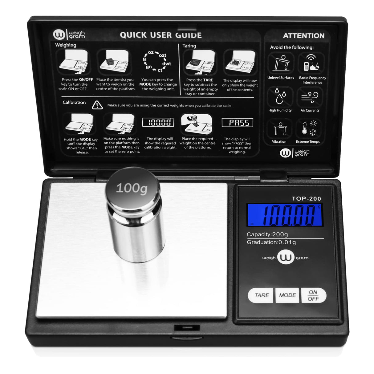 Weigh Gram 200g Digital Pocket Gram Scale 0.01g Accuracy, 200g x 0.01g Mini Digital Grams Scale, Small Food Scale, Jewelry Scale, Ounces Grains Scale With100g Calibration Weight Weigh Gram