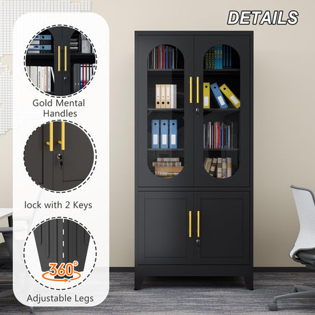 winiowa Metal Storage Cabinet with Adjustable Shelves，Garage Cabinet with 4 Lockable Doors, 71" Tall Kitchen Pantry Cabinets，Steel Locking Cabinets for Kitchen, Garage, Office,Living Room-Black winiowa